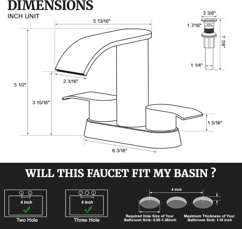 Ultimate Unicorn Bathroom Faucet for Sink Champagne Bronze, 4 Inch Bathroom Faucet for 3 or 2 Holes, 2 Handle Waterfall Faucets with Pop up Drain, Centerset Faucets for RV, Patent No. : US D983,326 S - Image 3